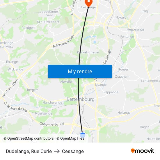 Dudelange, Rue Curie to Cessange map