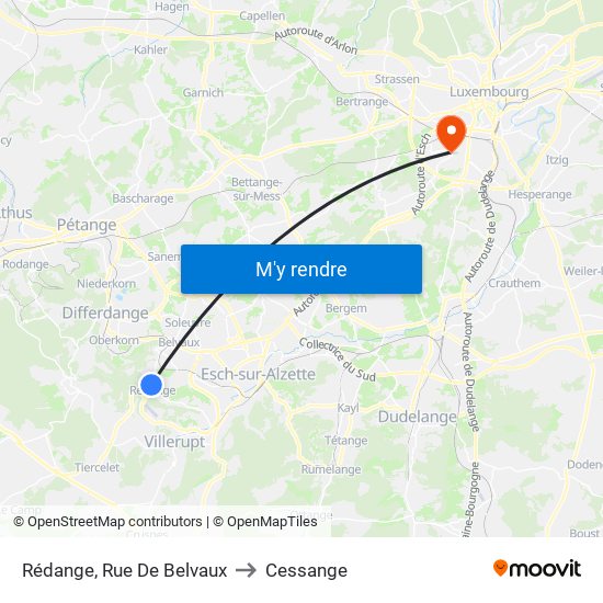 Rédange, Rue De Belvaux to Cessange map