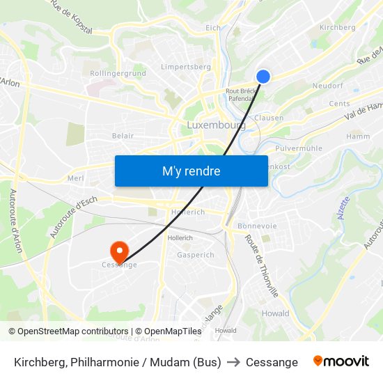 Kirchberg, Philharmonie / Mudam (Bus) to Cessange map