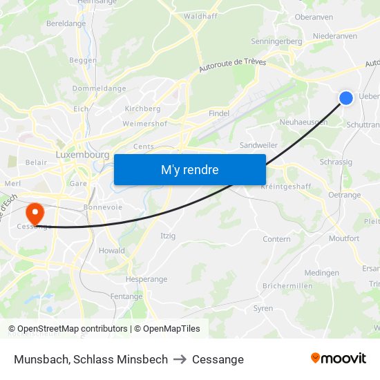 Munsbach, Schlass Minsbech to Cessange map