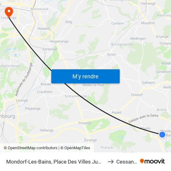 Mondorf-Les-Bains, Place Des Villes Jumelées to Cessange map