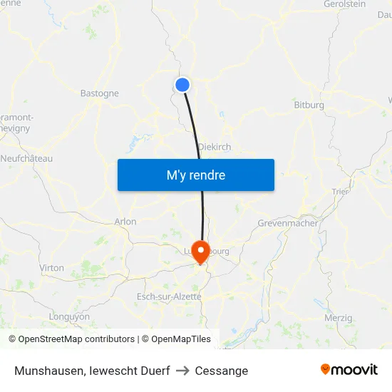 Munshausen, Iewescht Duerf to Cessange map