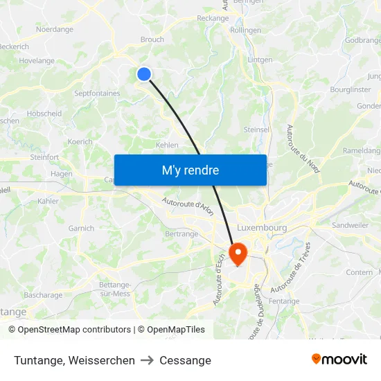 Tuntange, Weisserchen to Cessange map