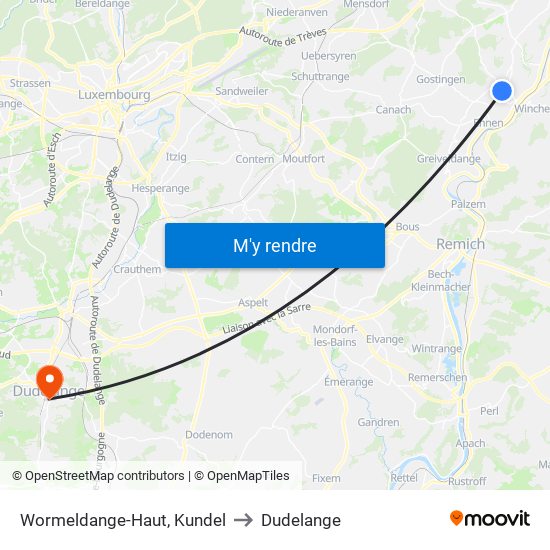 Wormeldange-Haut, Kundel to Dudelange map