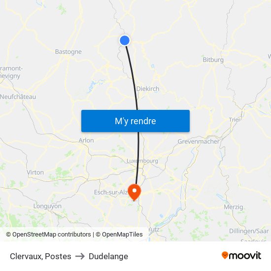 Clervaux, Postes to Dudelange map