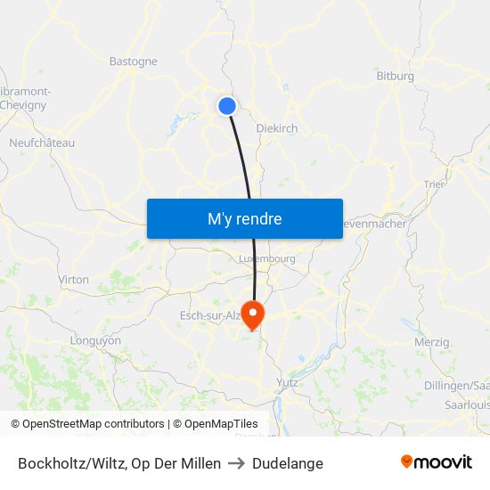 Bockholtz/Wiltz, Op Der Millen to Dudelange map