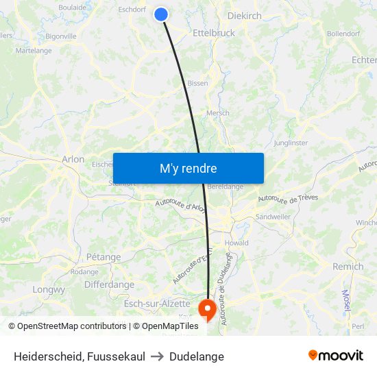 Heiderscheid, Fuussekaul to Dudelange map