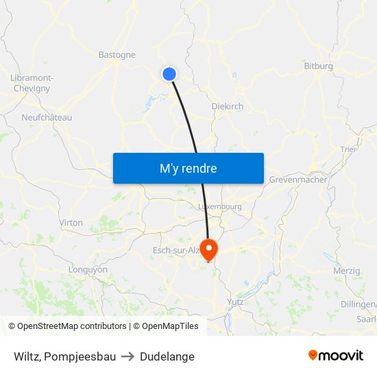 Wiltz, Pompjeesbau to Dudelange map