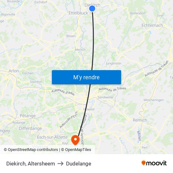 Diekirch, Altersheem to Dudelange map