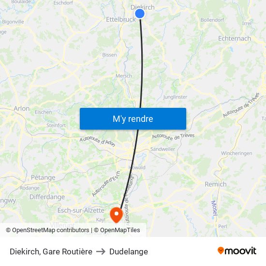 Diekirch, Gare Routière to Dudelange map