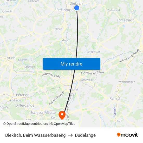 Diekirch, Beim Waasserbaseng to Dudelange map