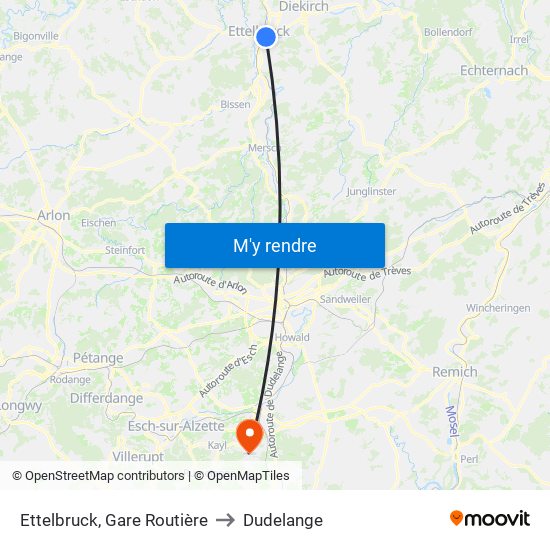 Ettelbruck, Gare Routière to Dudelange map