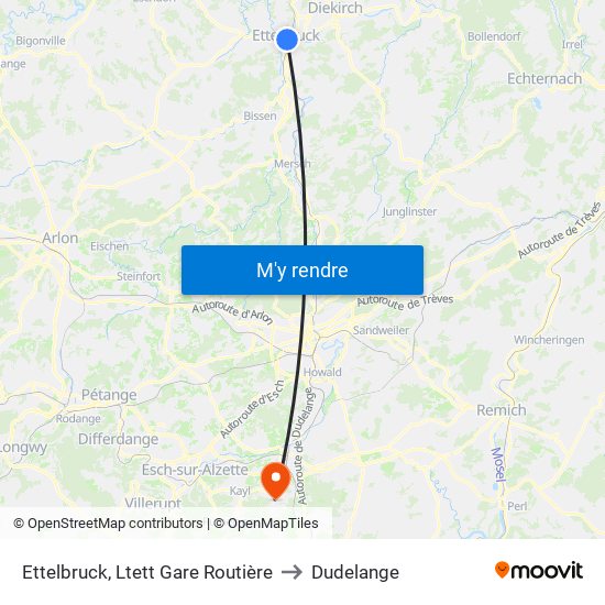 Ettelbruck, Ltett Gare Routière to Dudelange map