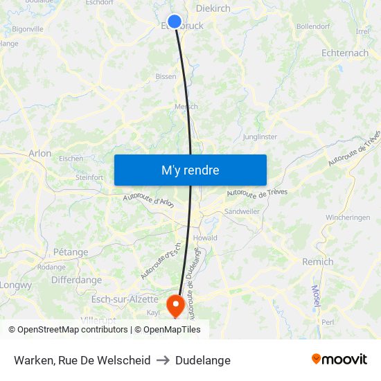 Warken, Rue De Welscheid to Dudelange map