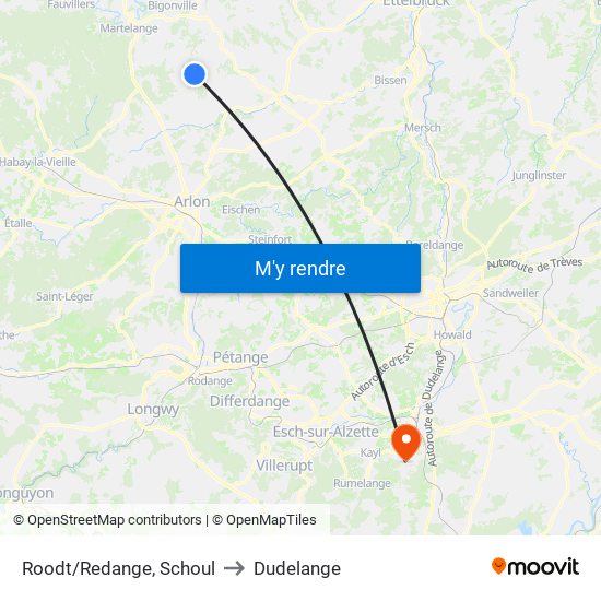 Roodt/Redange, Schoul to Dudelange map