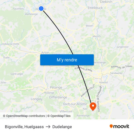 Bigonville, Huelgaass to Dudelange map