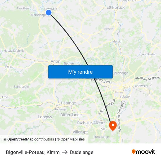 Bigonville-Poteau, Kimm to Dudelange map