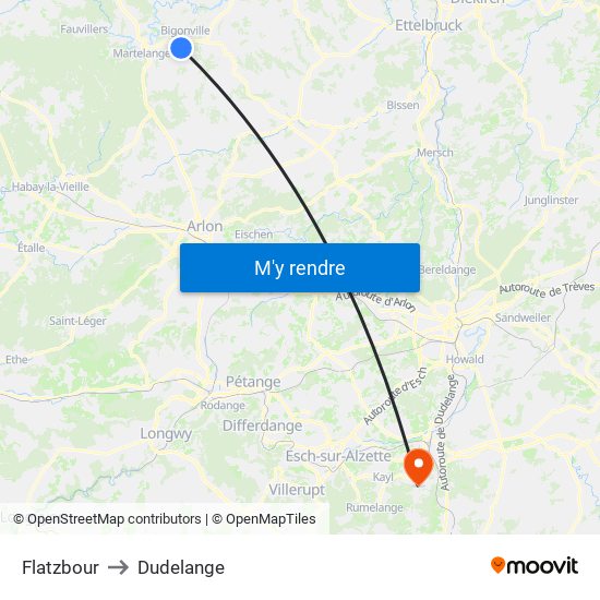 Flatzbour to Dudelange map