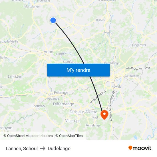 Lannen, Schoul to Dudelange map