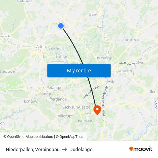 Niederpallen, Veräinsbau to Dudelange map