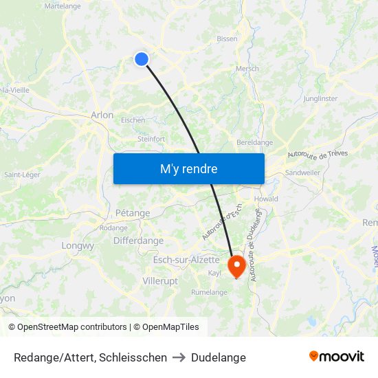 Redange/Attert, Schleisschen to Dudelange map