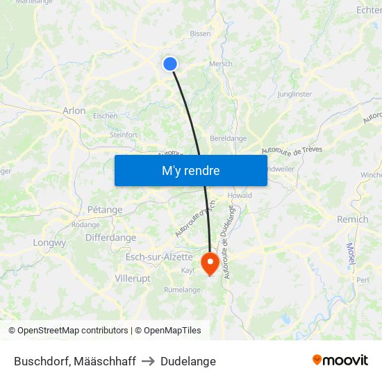 Buschdorf, Määschhaff to Dudelange map
