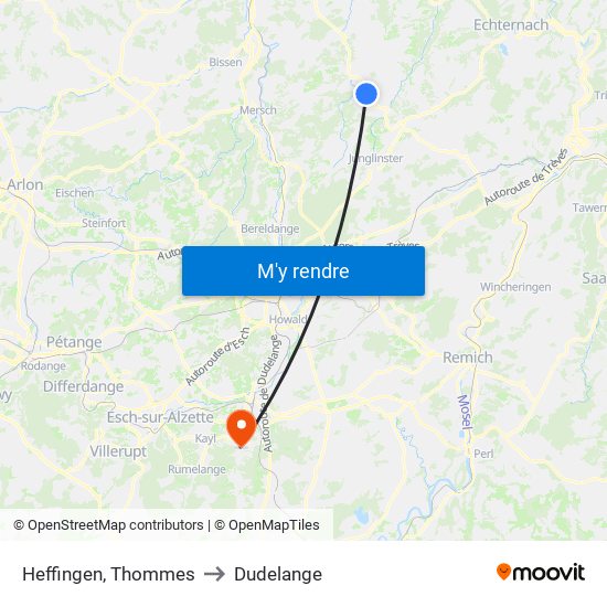 Heffingen, Thommes to Dudelange map