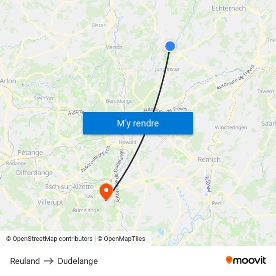 Reuland to Dudelange map