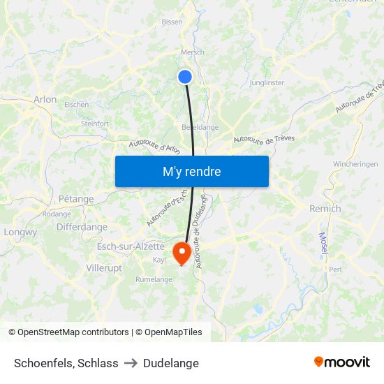 Schoenfels, Schlass to Dudelange map