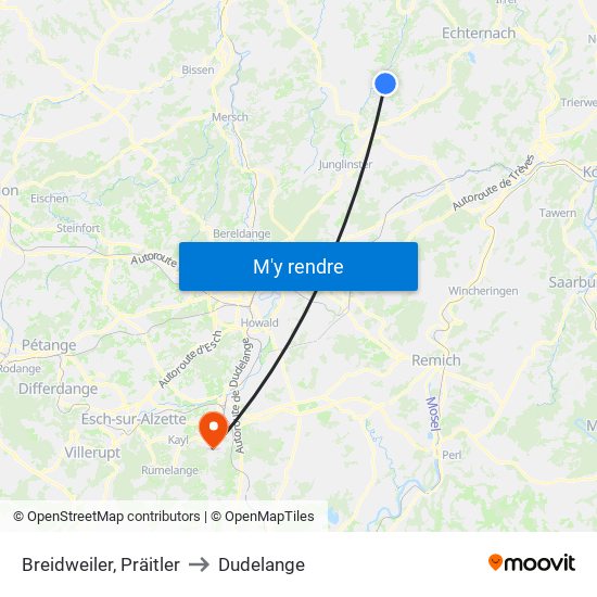 Breidweiler, Präitler to Dudelange map