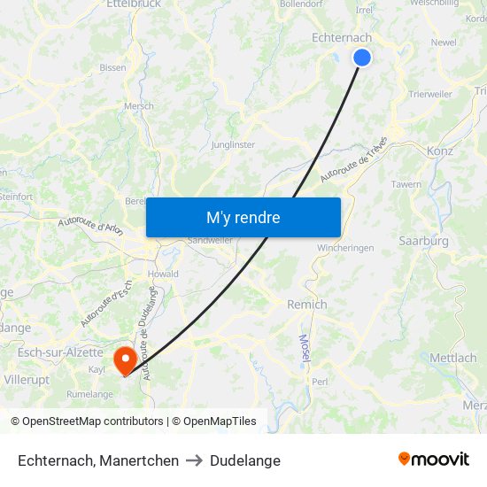 Echternach, Manertchen to Dudelange map