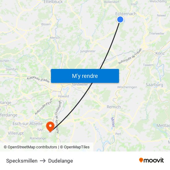 Specksmillen to Dudelange map