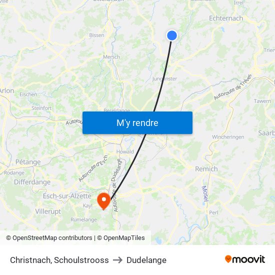 Christnach, Schoulstrooss to Dudelange map