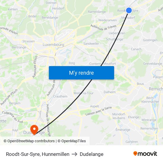 Roodt-Sur-Syre, Hunnemillen to Dudelange map