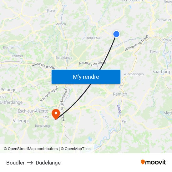Boudler to Dudelange map