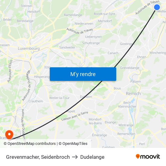 Grevenmacher, Seidenbroch to Dudelange map