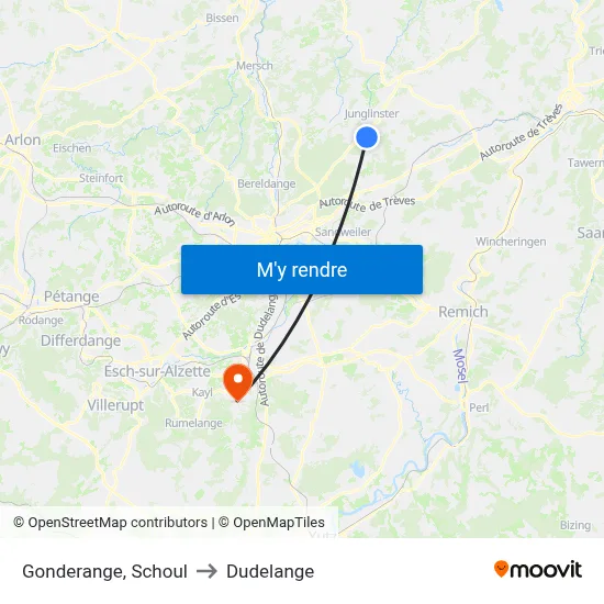 Gonderange, Schoul to Dudelange map