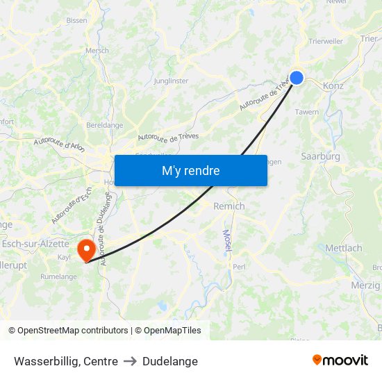 Wasserbillig, Centre to Dudelange map