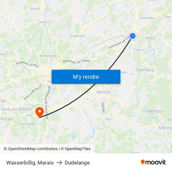 Wasserbillig, Marais to Dudelange map