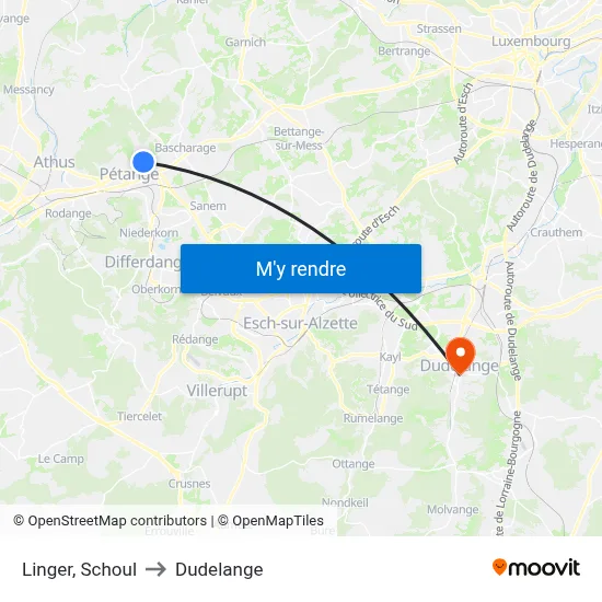 Linger, Schoul to Dudelange map