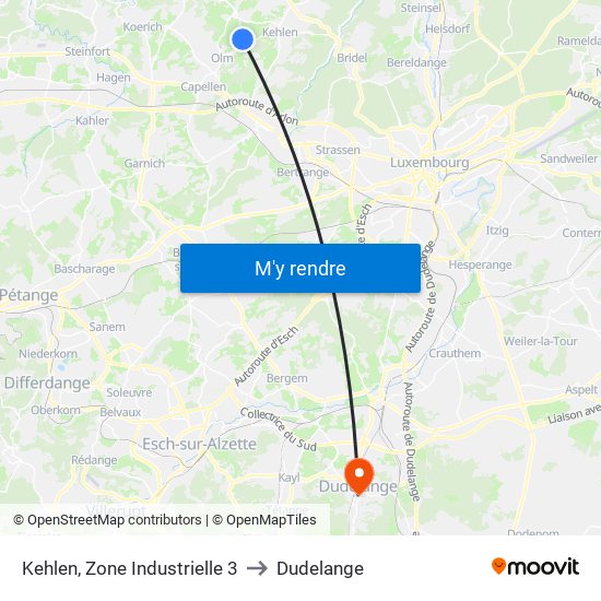 Kehlen, Zone Industrielle 3 to Dudelange map