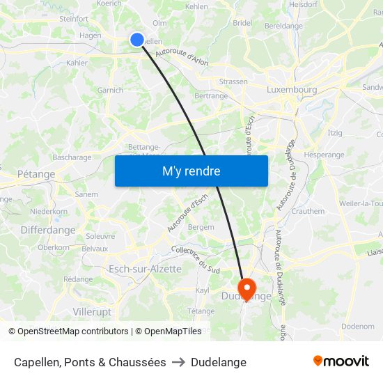 Capellen, Ponts & Chaussées to Dudelange map