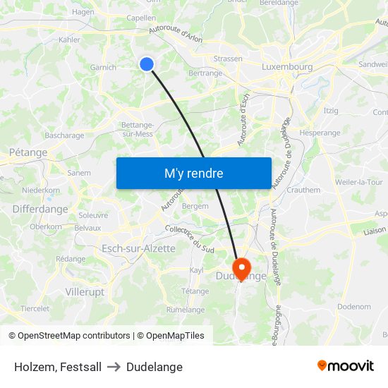 Holzem, Festsall to Dudelange map