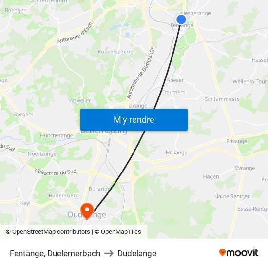 Fentange, Duelemerbach to Dudelange map