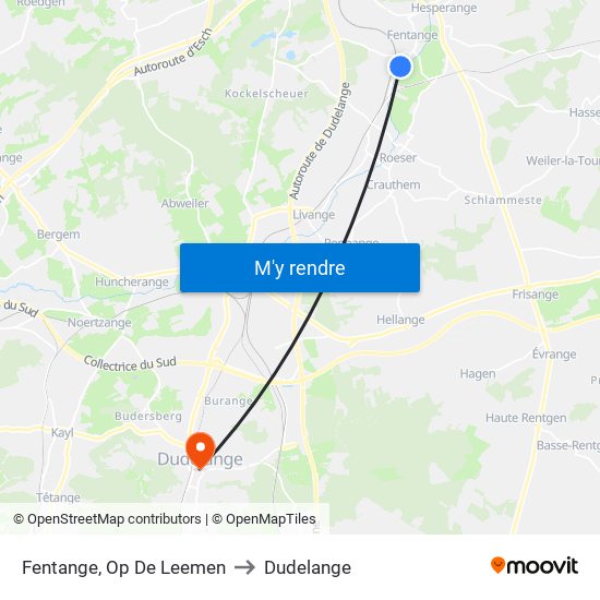 Fentange, Op De Leemen to Dudelange map