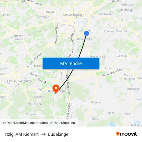 Itzig, AM Kiemert to Dudelange map