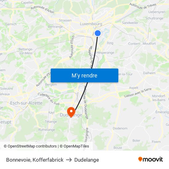 Bonnevoie, Kofferfabrick to Dudelange map