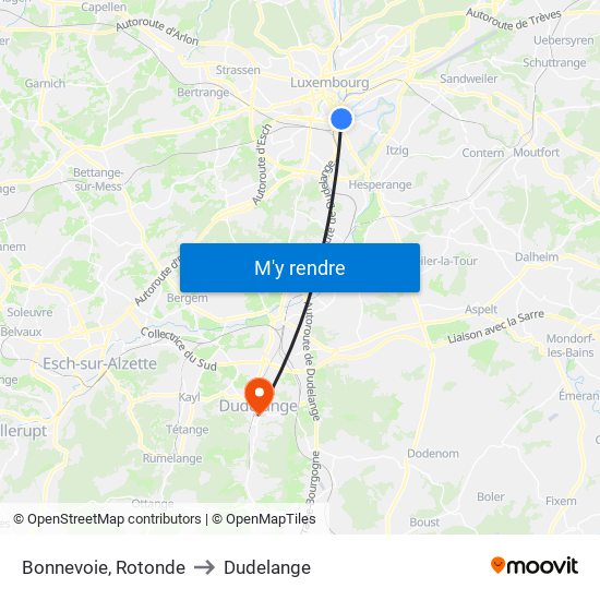 Bonnevoie, Rotonde to Dudelange map