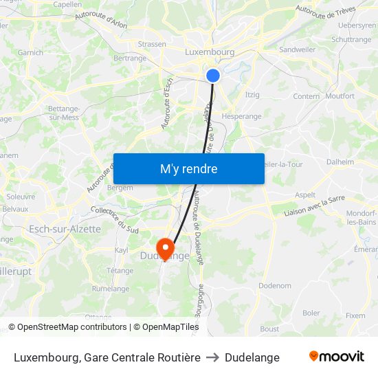 Luxembourg, Gare Centrale Routière to Dudelange map