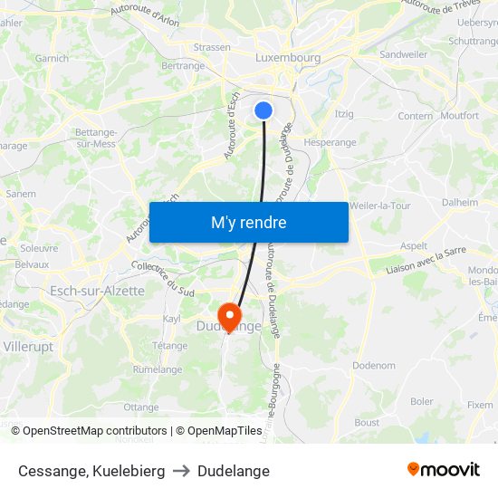 Cessange, Kuelebierg to Dudelange map